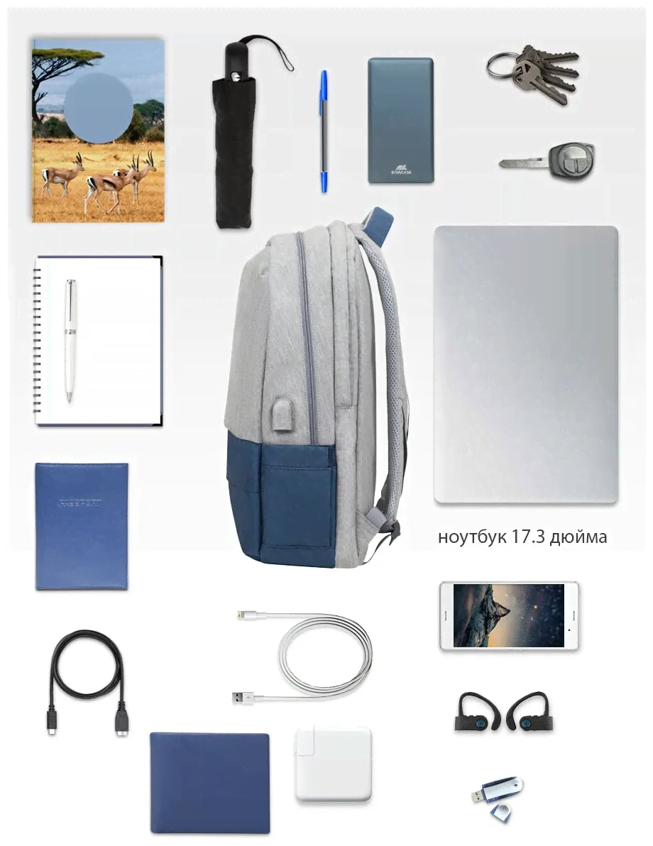 RIVACASE Рюкзак для ноутбука 17.3". RIVACASE 7567grey/darkblue рюкзаки-2